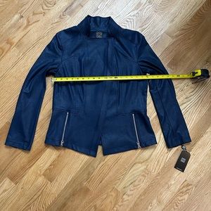 NEW Clara Sun Woo Liquid Leather Navy Blue Moto Jacket Large Vegan Lightweight